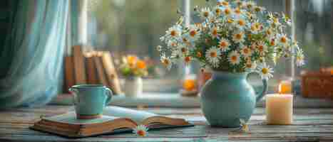 Photo flower bouquet in clay jug with open book tea cup photo frame and candle on white wooden plank background in scandinavian style