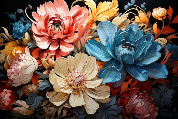 Foto orto di fiori sullo sfondo colori floreali brillanti illustrazione botanica