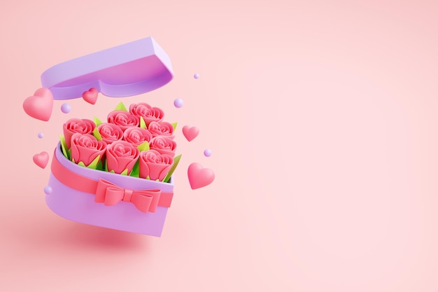 Bouquet di fiori in scatola a forma di cuore con fiocco 3d rendering di composizione floreale per banner di san valentino