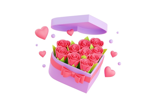 Bouquet di fiori in scatola a forma di cuore con fiocco 3d rendering di composizione floreale per banner di san valentino