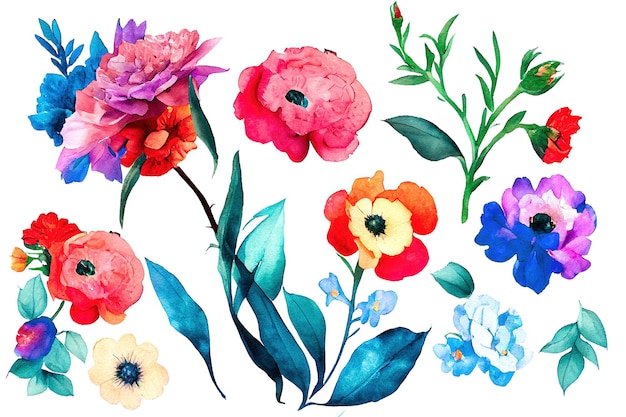 Foto bouquet di fiori imposta pezzi di acquerello di opere d'arte di design