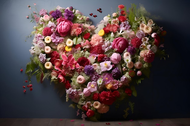 Flower bouquet in the shape of a heart on a blue background