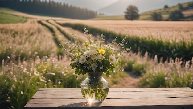 Photo flower bouquet in vase on wooden plunks with a nature landscape background ai generated image ai