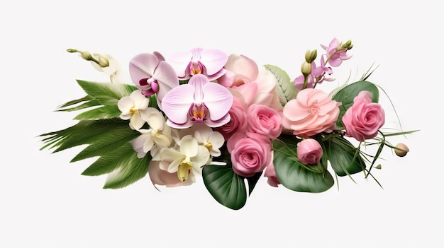 Букет цветов с розовыми и белыми орхидеями на белом фоне Generative AI