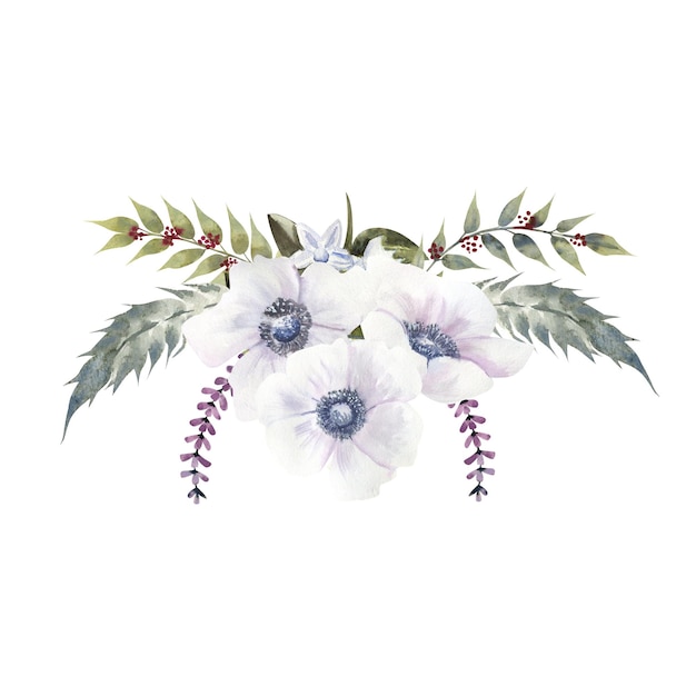 Flower bouquets with purple roses and anemones on a white isolated background Handdrawn watercolor illustration