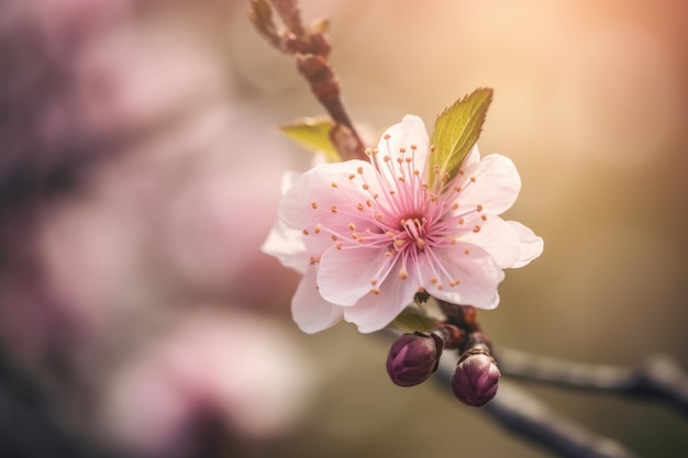 A flower on a branch of a tree with a bokeh background