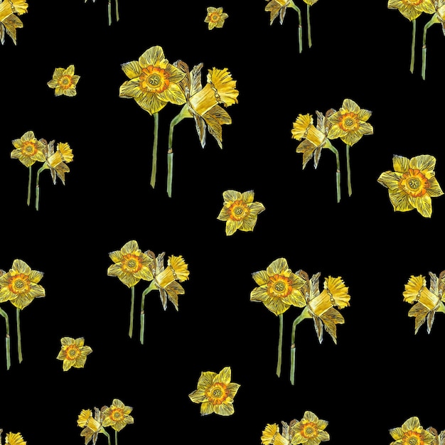 Flower and bud narcissus seamless pattern. Hand drawn watercolor illustration. Isolated.