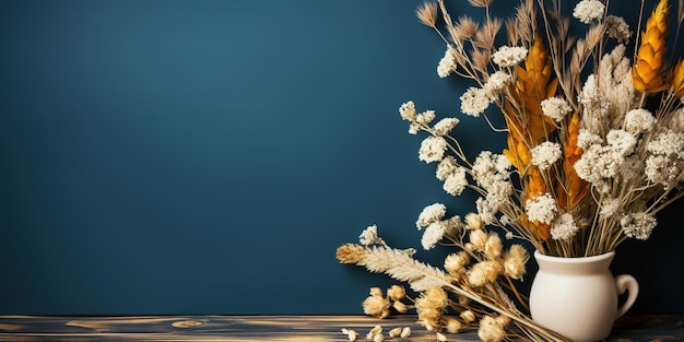 青い背景の花の芽とグラディエントのミニマリストの背景