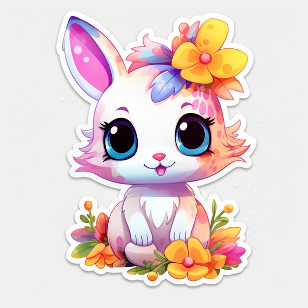 flower bunny sticker surrounded and white background