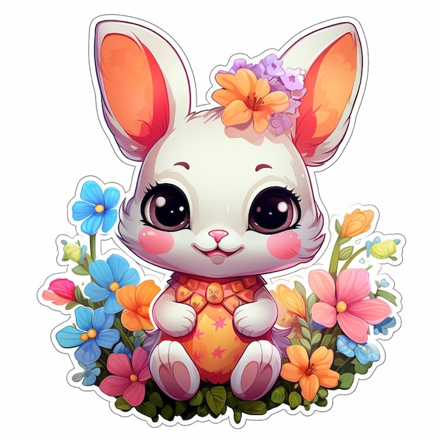 flower bunny sticker surrounded and white background