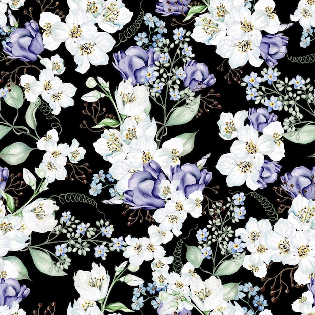 Flower cherry blossom tulips and leaves Floral seamless pattern