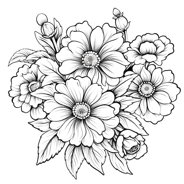Foto illustrazione di pagina da colorare di fiori per bambini e bambini con sfondo bianco