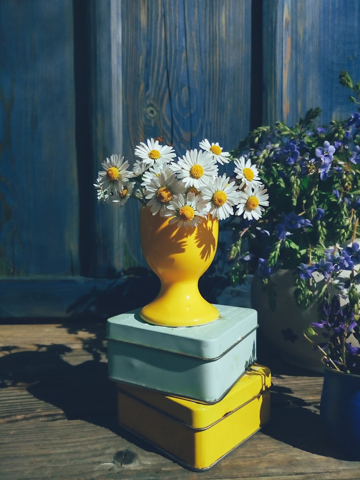 Photo 파란색과 노란색 자연 채광 거친 그림자에서 꽃 조성