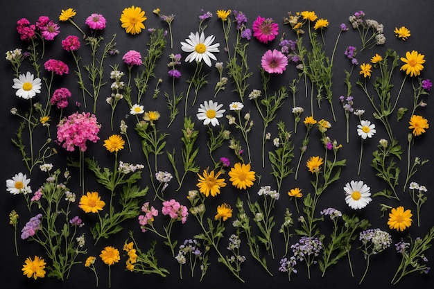 黒い背景の色鮮やかな野生の花の構成 上の景色 抽象的な花の背景