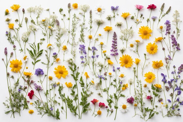 Flower composition Colorful wild flowers on a white background top view Floral abstract background