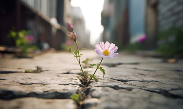 A flower in a crack in a cobblestone street