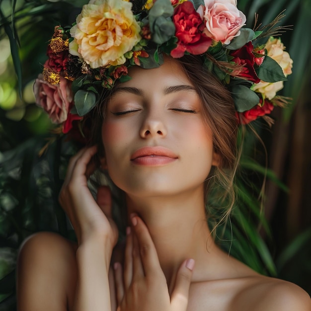 Flower crown and woman for skincare beauty