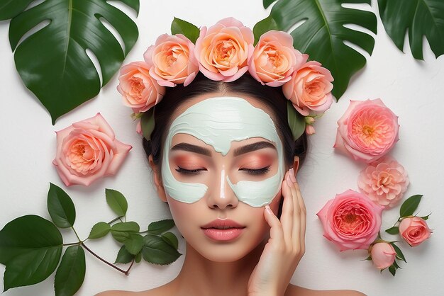 Flower crown and woman in studio for skincare beauty and relax zen and cosmetics in jungle Skin rose and mexican girl model pamper treatment and organic natural and product in nature aesthetic