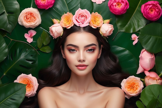 Flower crown and woman in studio for skincare beauty and relax zen and cosmetics in jungle Skin rose and mexican girl model pamper treatment and organic natural and product in nature aesthetic