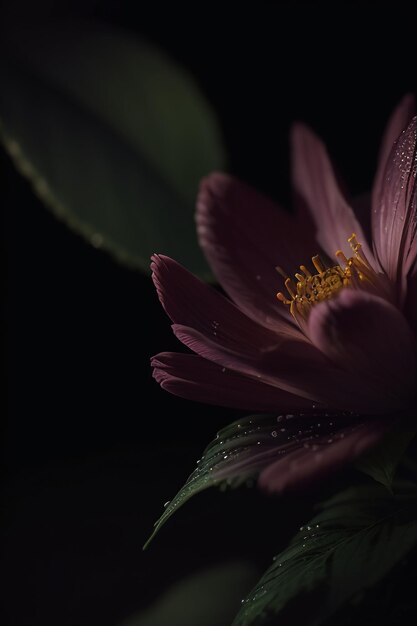 A flower in a dark room with a black background.