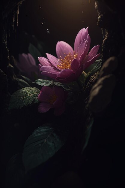A flower in a dark room
