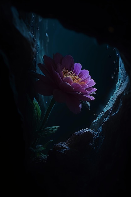 A flower in a dark room