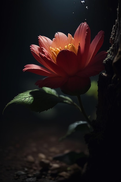 A flower in the dark with a light on it