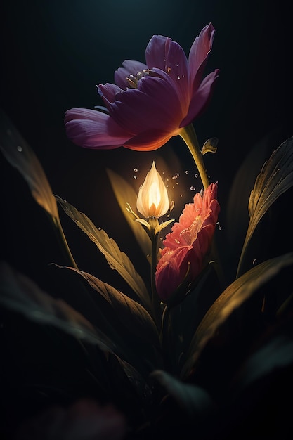 A flower in the dark with a light on it