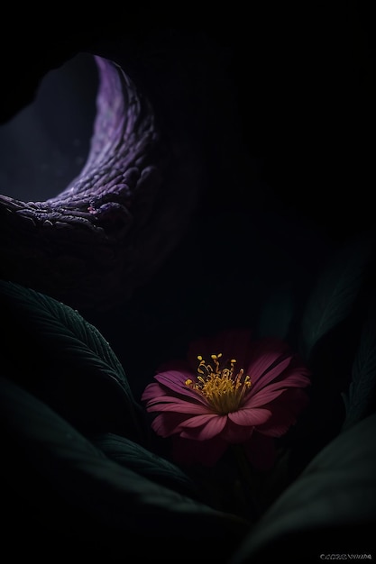 A flower in the dark with a light shining on it