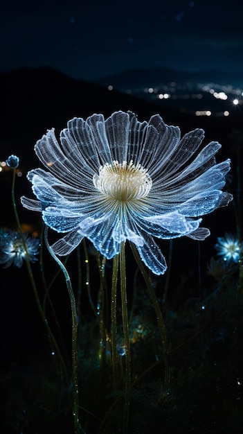 A flower in the dark with the lights in the background