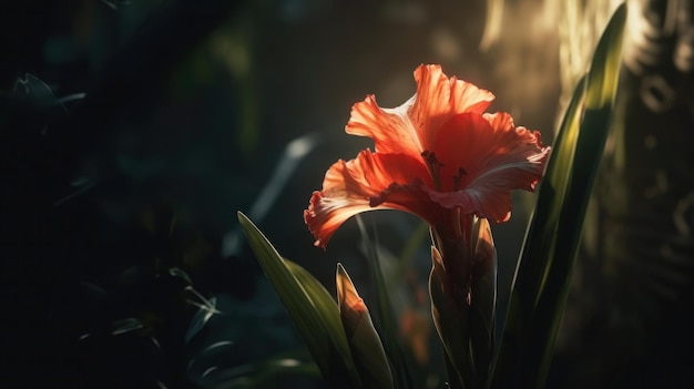 A flower in the dark with the sun shining on it