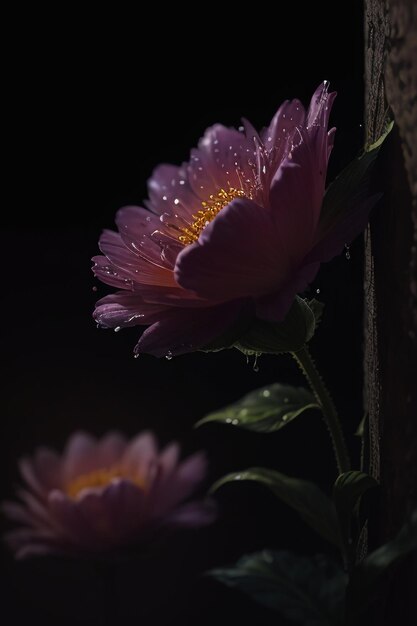 A flower in the dark with water drops on it.