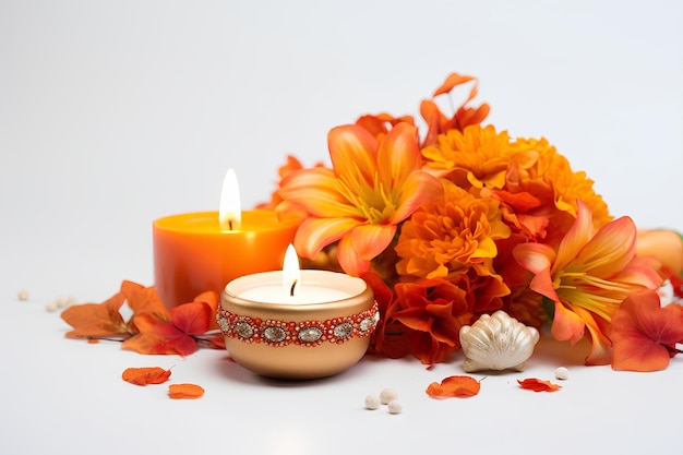 flower decoration for diwali white background copy space