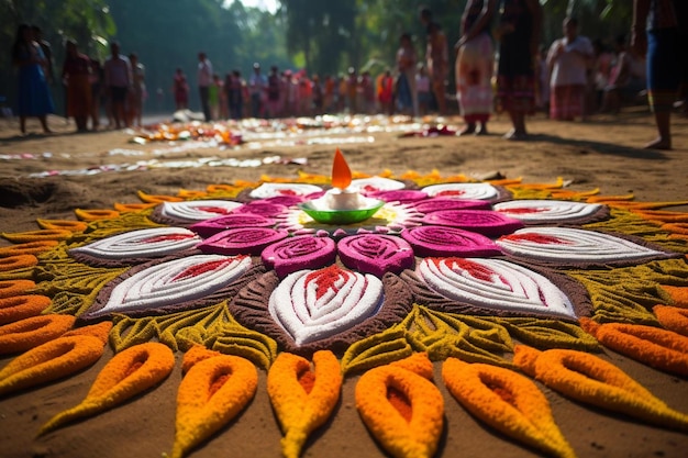 a flower decoration on the ground is decorated with flowers and flowers.