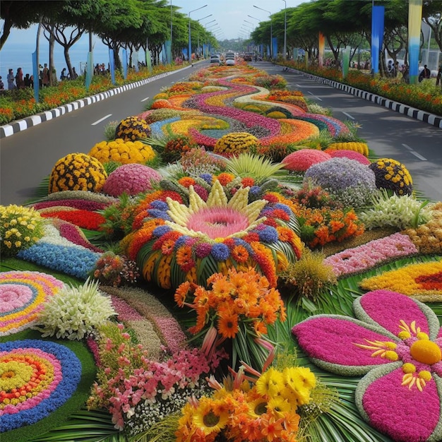 祭りのための道路の花飾り