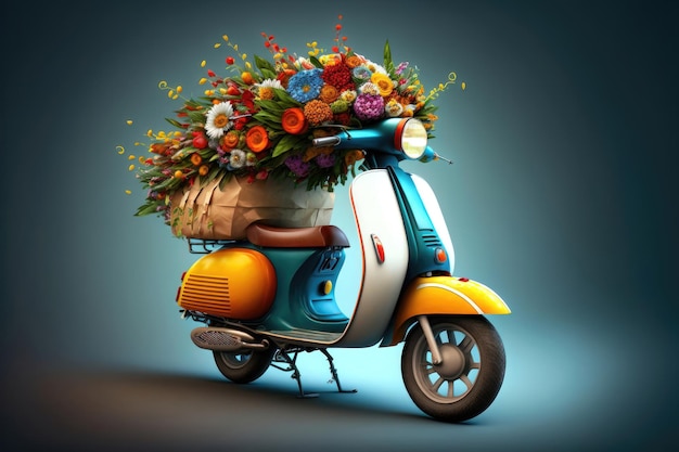 Flower delivery by scooter Illustration in 3d style AI generation