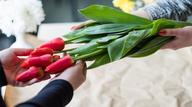 花の配達。赤いチューリップの花束をアレンジする花屋。女性の手はより糸の弓を結びます。