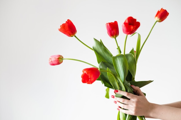 Flower delivery. florist holding a red tulip bouquet.