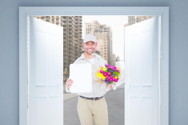 Flower delivery man showing clipboard against new york street