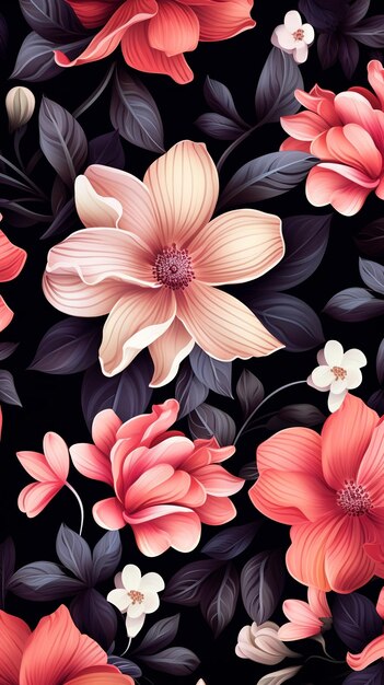 Foto disegno di fiori su sfondo nero carta da parati per telefono disegno floreale