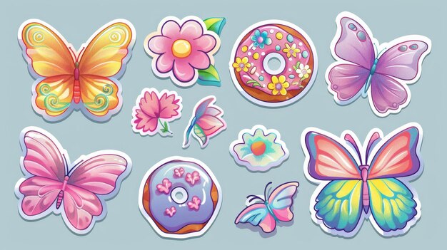 Photo flower and donut balloon collection with donuts cartoon tattoo modern trend illustration isolated on transparent background