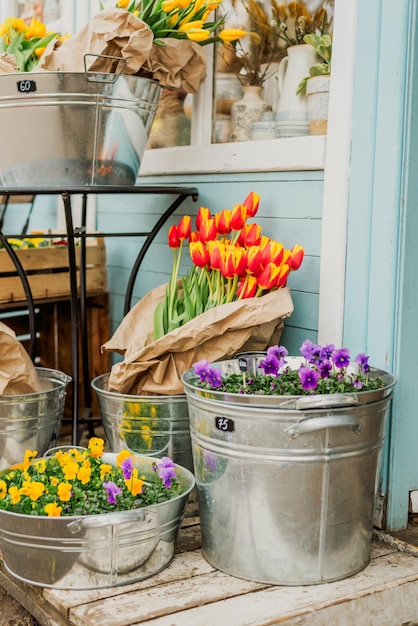 Flower fair in spring Bouquets of flowers tulips