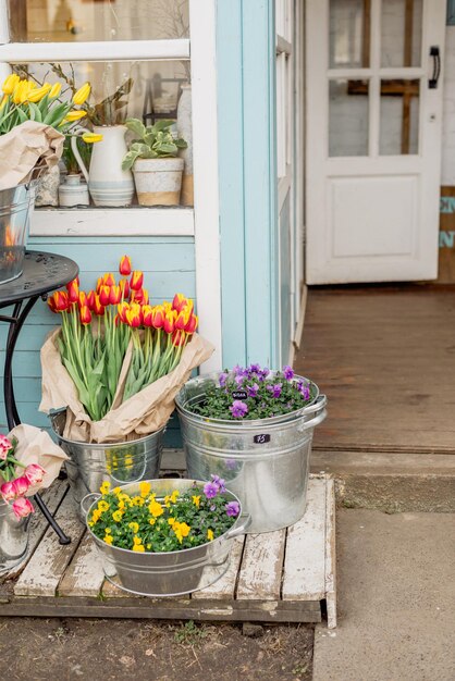 Flower fair in spring Bouquets of flowers tulips