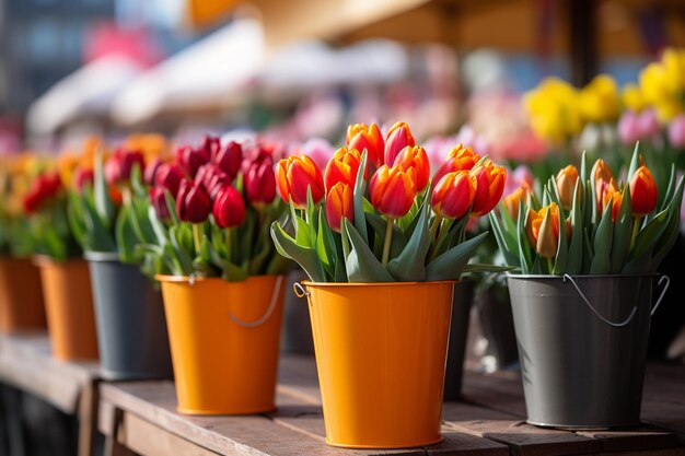 Foto fiera dei fiori in primavera bouquets di fiori tulipani