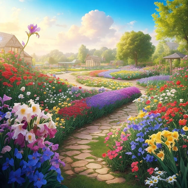 Flower farm garden Iris multicolored roses daisies fairy tales bright sky soft sunlight