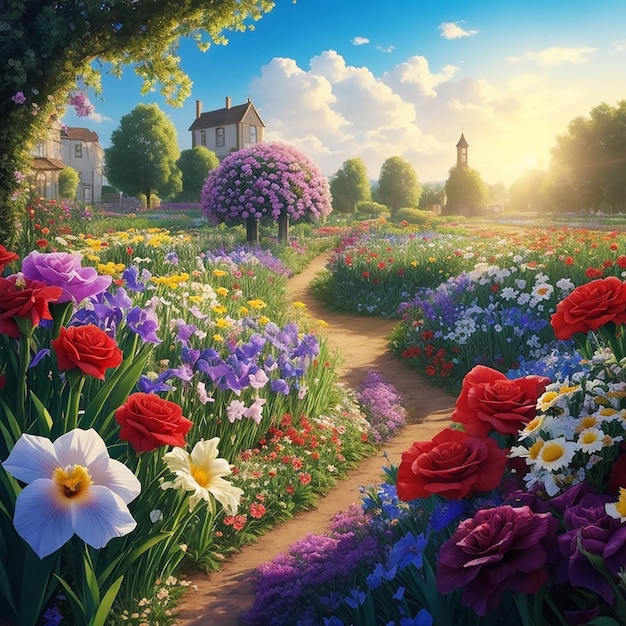 Flower farm garden Iris multicolored roses daisies fairy tales bright sky soft sunlight