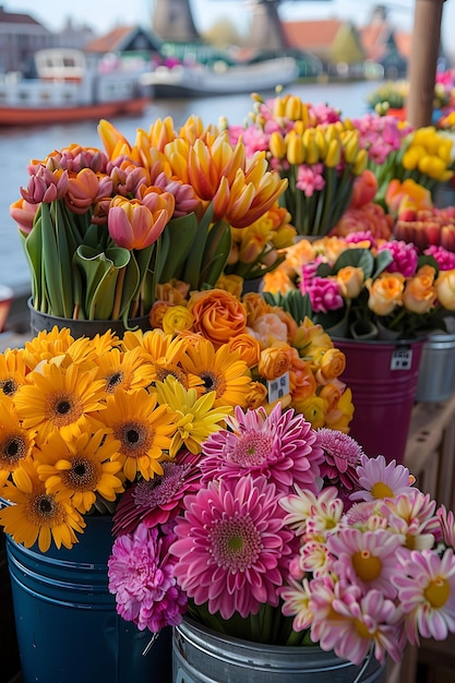 Foto agricoltori di fiori che vendono bouquet in un mercato nel mercato tradizionale e culturale dei paesi bassi foto