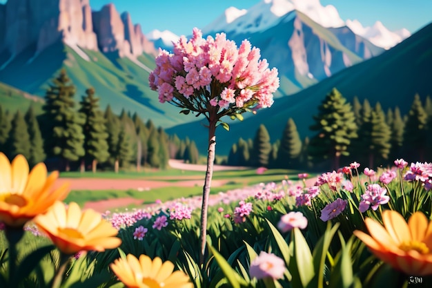 A flower in a field of flowers with mountains in the background