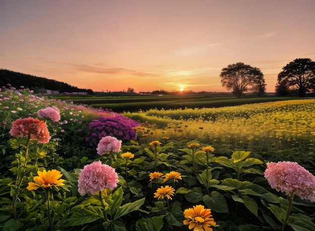 цветочное поле пейзаж закат фотография красота цветов