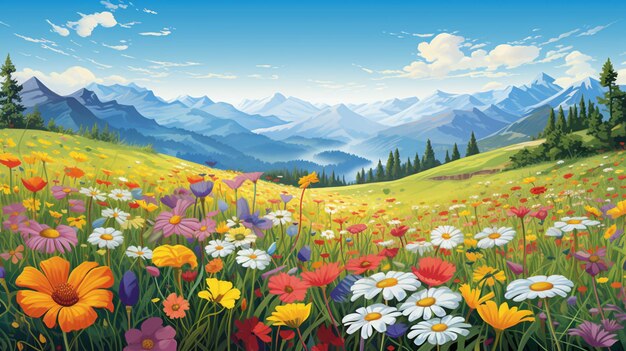 Flower field in the mountains